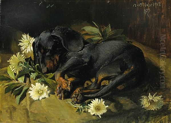 Untitled - Sleeping Puppy Oil Painting by Niels Peter Rasmussen