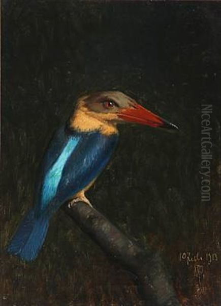 Kingfisher On A Branch Oil Painting by Niels Peter Rasmussen