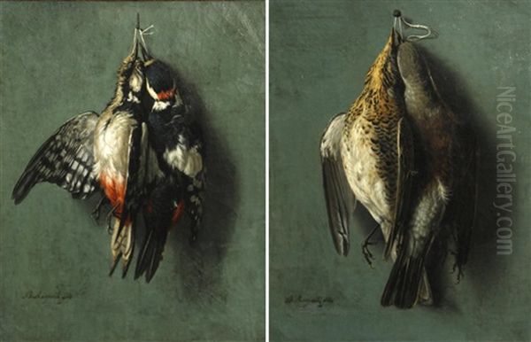 Pics Epeiches (great-spotted Woodpeckers); Grives Litornes (fieldfare Thrushes) (a Pair) Oil Painting by Benjamin Fils Raspail