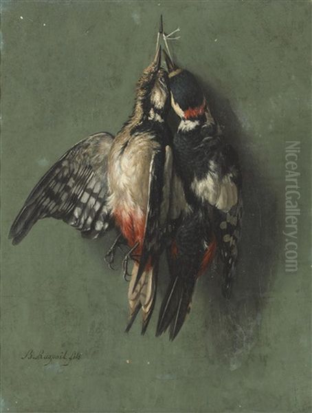 Pics Epeiches (great-spotted Woodpeckers); Grives Litornes (fieldfare Thrushes) (pair) Oil Painting by Benjamin Fils Raspail