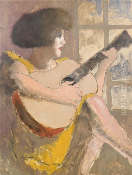 Joueuse De Guitare (esquisse D'autoportrait Au Verso) Oil Painting by Armand Rassenfosse