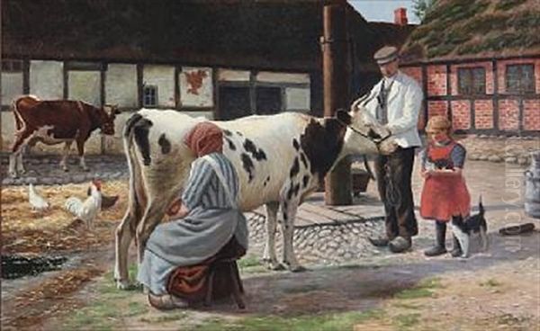 Farm Idyll With A Cow Being Milked In The Yard Oil Painting by Lars Soren Jensen Rastrup