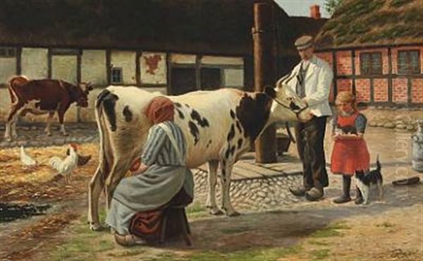 A Farm Yard With A Woman Milking A Cow, A Man And A Girl, And Other Animals Oil Painting by Lars Soren Jensen Rastrup