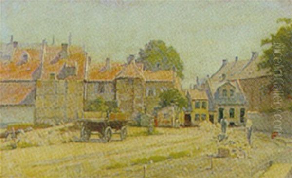 Bymotiv Med Brolaeggere, Odense Oil Painting by Lars Soren Jensen Rastrup