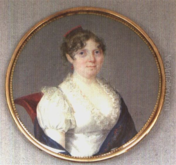 Femme A La Robe Blanche A Dentelle Et Au Chale Bleu Oil Painting by Henriette Rath