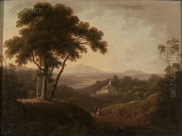 Misty Landscape With Cottage And Distant Mountain Oil Painting by John Rathbone