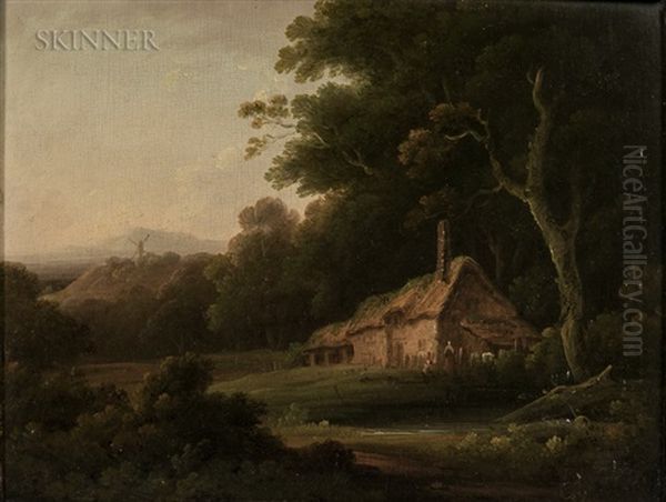 Cottage At The Forest's Edge With Distant Windmill Oil Painting by John Rathbone