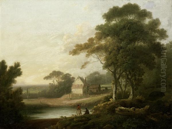 Figures In A River Landscape, A Farmhouse Beyond Oil Painting by John Rathbone