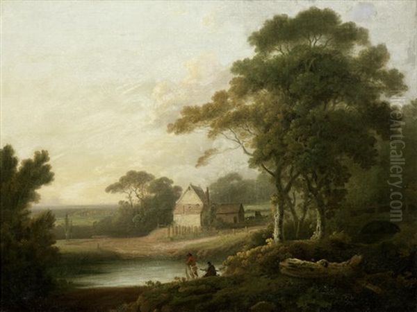 Figures Fishing In A River Landscape, A Farmhouse Beyond Oil Painting by John Rathbone