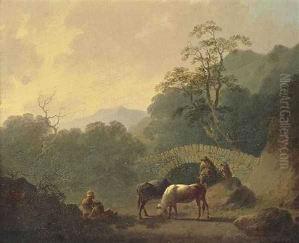 A Wooded Landscape With Drovers And Their Cattle At Rest Before A Bridge Oil Painting by John Rathbone