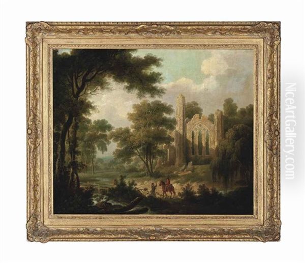 A Wooded River Landscape With A Ruined Abbey And Two Travellers On A Path by John Rathbone