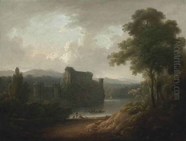 A Wooded Landscape With A Ruined Moated Castle, Figures Ferrying Across The Water And Others Resting On The Bank Oil Painting by John Rathbone