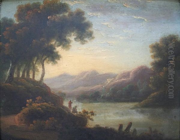 Extensive Lake Landscape With Figures (+ Another; Pair) Oil Painting by John Rathbone