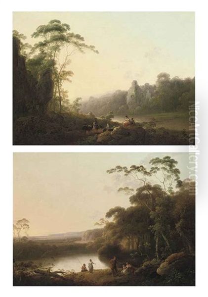 A Wooded River Landscape With Travellers On A Track At Dawn (+ A Wooded River Landscape With An Angler And Other Figures Conversing On A Bank At Dusk; Pair) Oil Painting by John Rathbone