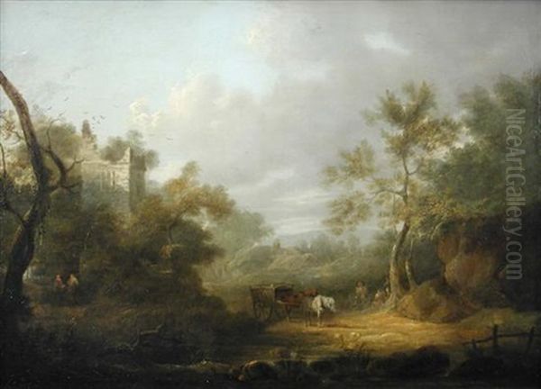 Travellers With A Cart And Horse On A Country Lane, With Ruins Beyond Oil Painting by John Rathbone