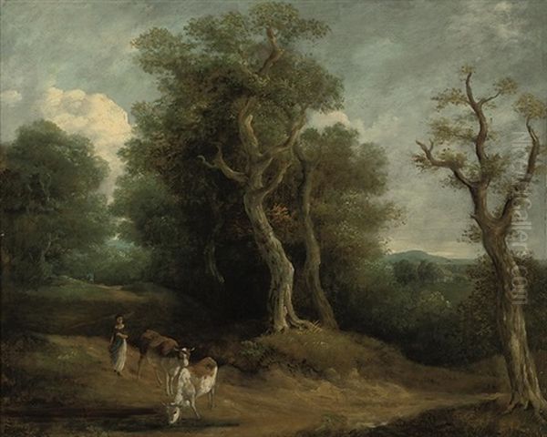 A Maid With Cattle On A Road Oil Painting by John Rathbone