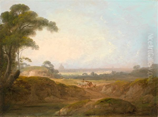 Hirten In Der Romischen Campagna, Im Hintergrund Die Kuppel Des Petersdomes (+ Hirten Am Ufer Eines Sees Am Rande Der Albanerberge; Pair) Oil Painting by John Rathbone