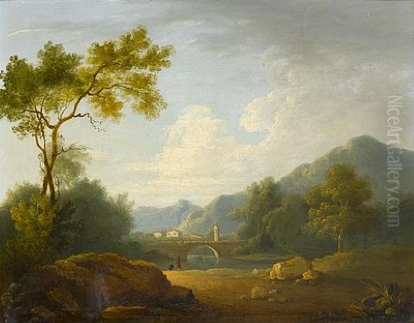 A River Landscape With Anglers On The Bank And A Village In The Distance Oil Painting by John Rathbone