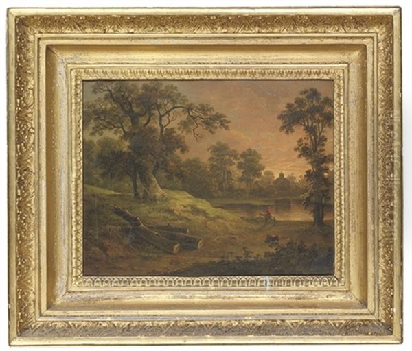 A Wooded Landscape With A Figure On Horseback By A Lake, A Church Beyond Oil Painting by John Rathbone