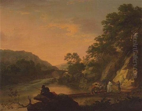 An Extensive River Landscape With Figures Alighting From A Boat In The Foreground Oil Painting by John Rathbone