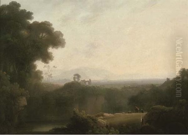 Figures Overlooking A River, With A Ruin Beyond Oil Painting by John Rathbone