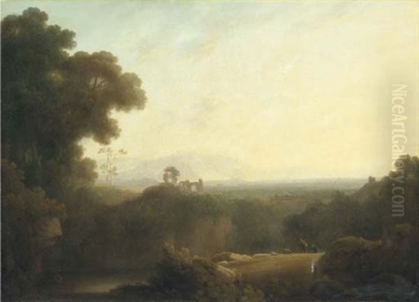 An Extensive Wooded River Landscape, With Figures In The Foreground And A Ruin Beyond Oil Painting by John Rathbone