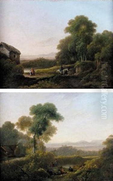 Wooded Landscape With Figures (+ Another, Similar; Pair, Collab. W/george Morland) Oil Painting by John Rathbone