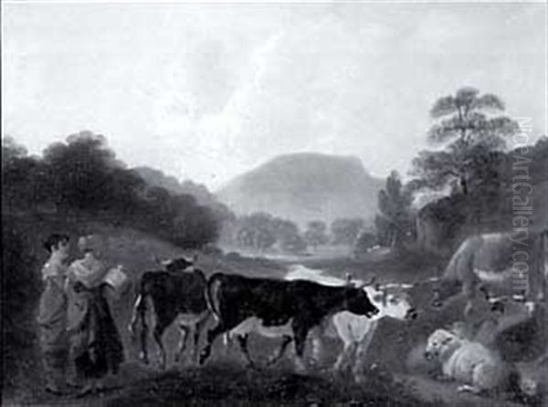 Milkmaids And Stock In A Wooded Valley Oil Painting by John Rathbone