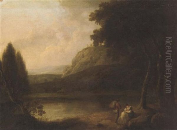 Travellers Camped On A Riverbank In An Extensive Landscape Oil Painting by John Rathbone