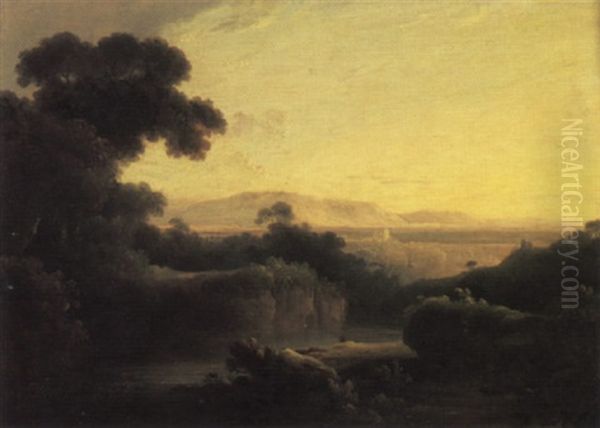 An Arcadian Landscape With A Fisherman Beside A River In The Foreground by John Rathbone