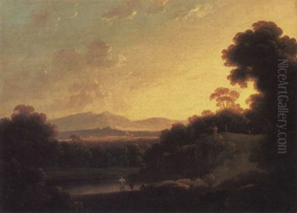 A Wooded Landscape At Evening With Fishermen Beside A Lake In The Foreground Oil Painting by John Rathbone