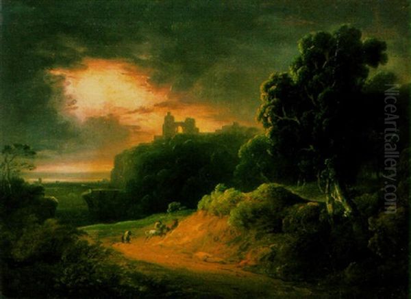 A Wooded Landscape With Travellers On Horseback On A Path, A Castle On A Mountain And A Thunderstorm Beyond Oil Painting by John Rathbone