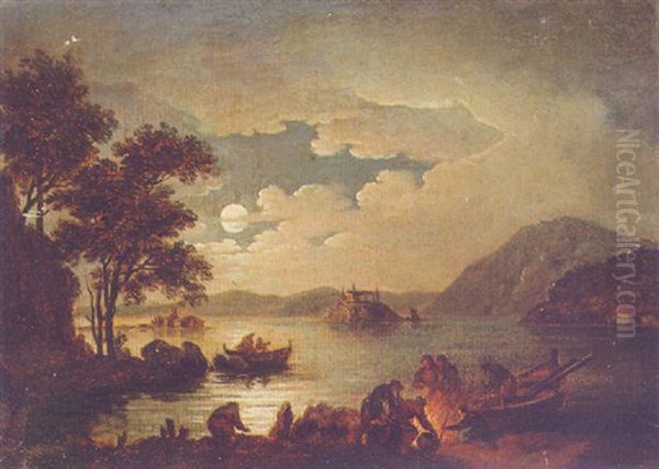 A Moonlit Landscape With Fishermen On A Lakeshore Oil Painting by John Rathbone