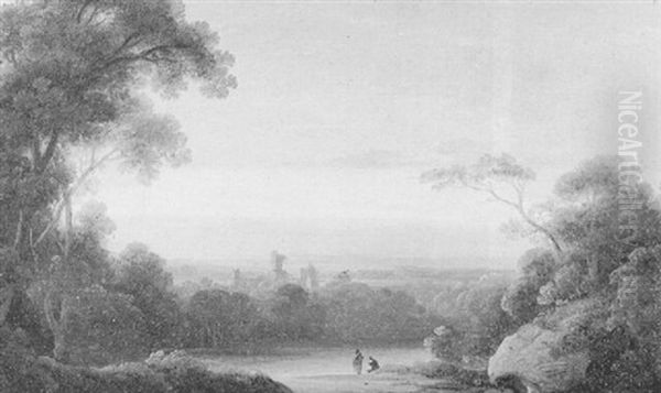 A Landscape At Evening With Figures By A Lake With Ruined Abbey Beyond Oil Painting by John Rathbone