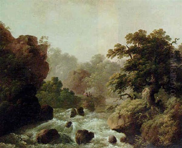 River Landscape With Figures By A Campfire Oil Painting by John Rathbone