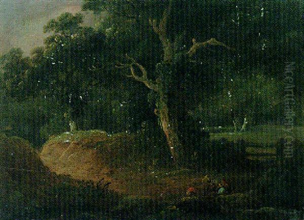 Landscape With Gypsies By A Campfire In A Woodland Clearing Oil Painting by John Rathbone