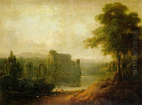 A View Of A Lake With A Ruined Castle And Figures Oil Painting by John Rathbone