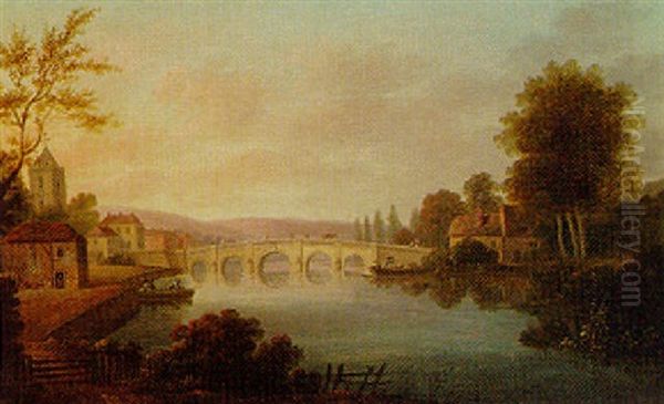 Figures On A Bridge, A Town Beyond Oil Painting by John Rathbone