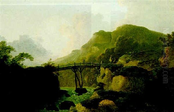 Landscape With Figures On A Bridge Oil Painting by John Rathbone