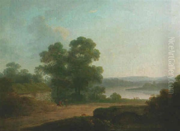 River Landscape With Figures By A Cottage Oil Painting by John Rathbone