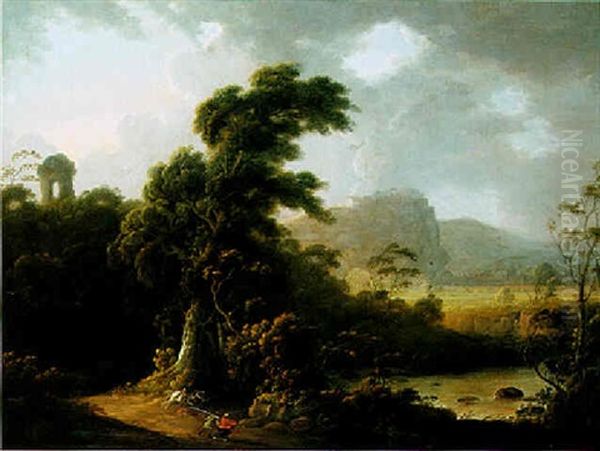 Italianate Landscape With Figures On A Path Oil Painting by John Rathbone