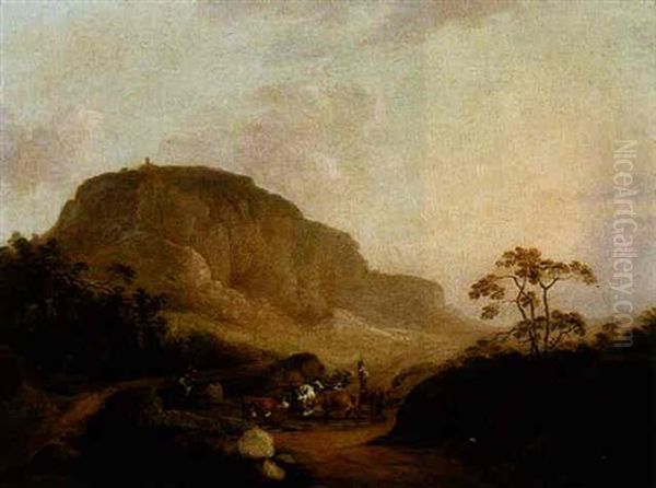 Rocky Landscape With Drovers And A Milkmaid Fording A Stream Oil Painting by John Rathbone