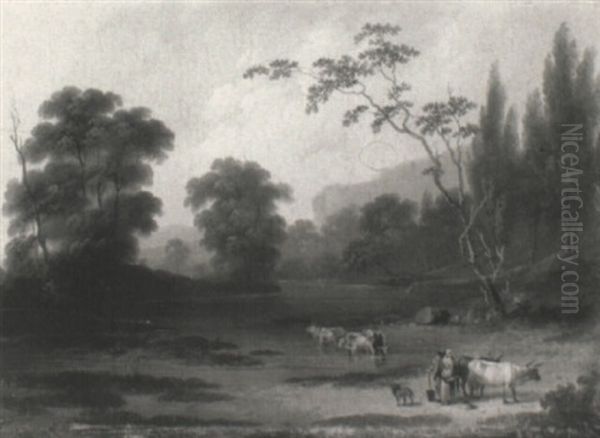 Cattle Watering At A Lakeside Oil Painting by John Rathbone