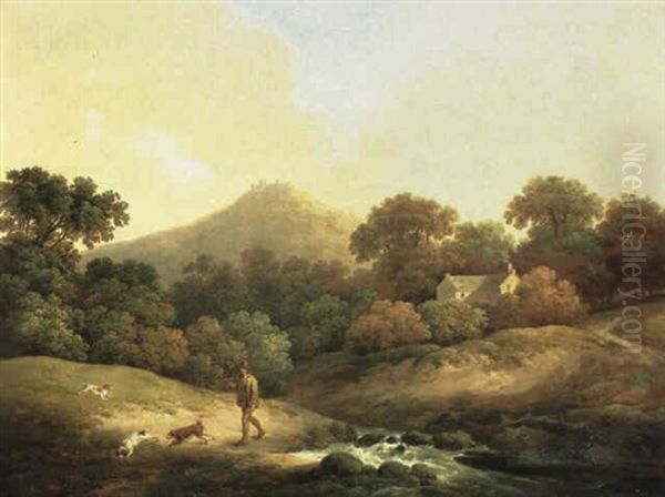 Sportsman With His Dogs In A Wooded Landscape Oil Painting by John Rathbone