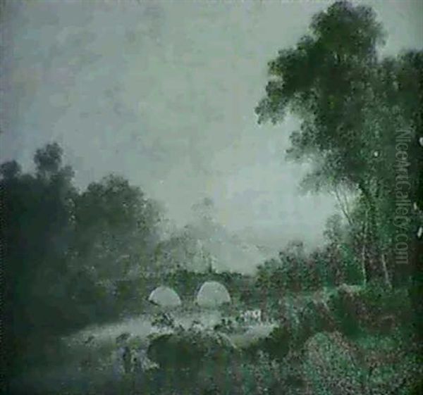 Figures And Cattle Beofre A Bridge In A Wooded River        Landscape Oil Painting by John Rathbone