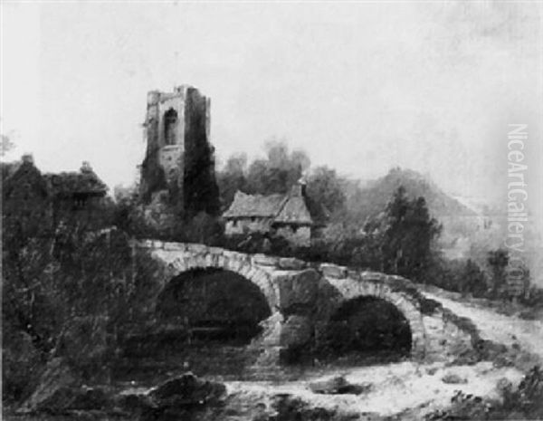 Figures On A Stone Bridge, A Church Beyond Oil Painting by John Rathbone