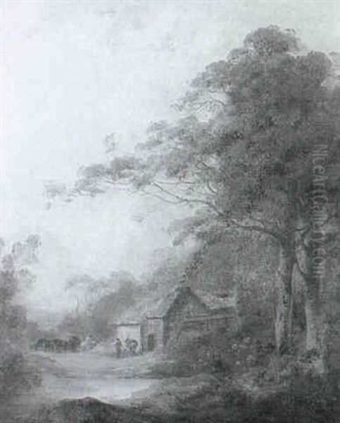 Figures And Horses By A Cottage In A River Landscape Oil Painting by John Rathbone