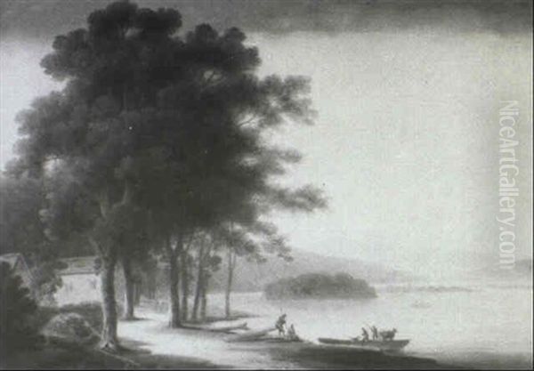 Figures At The Water's Edge In A Wooded Lake Landscape Oil Painting by John Rathbone