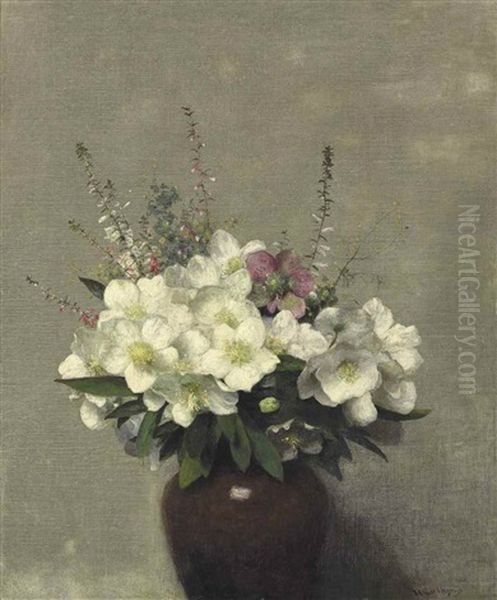 Christmas Roses And Other Flowers In A Vase Oil Painting by Willem Rathjens