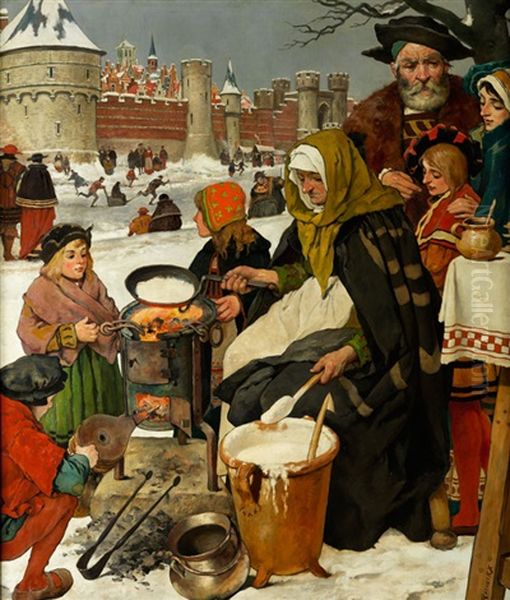 Winter In Der Stadt Oil Painting by Joseph Leopold Ratinckx